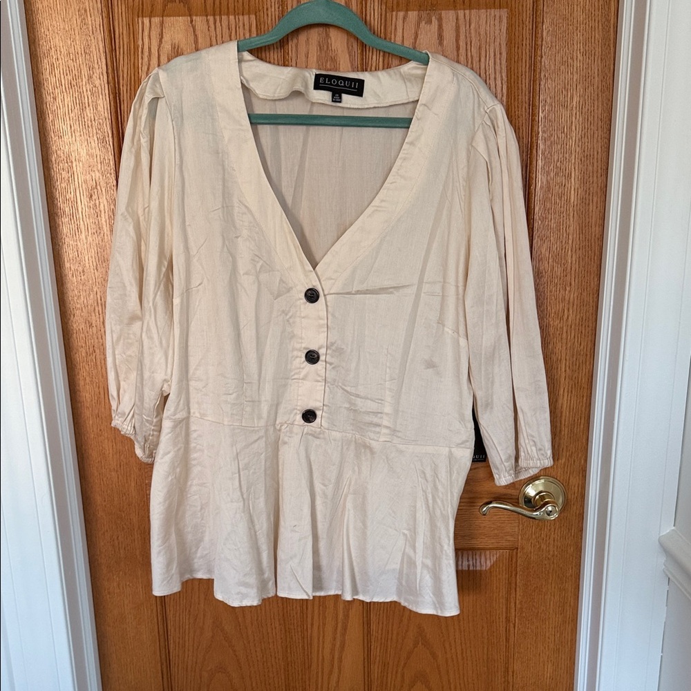 NWT Cream Cotton Peplum Blouse with Faux Buttons